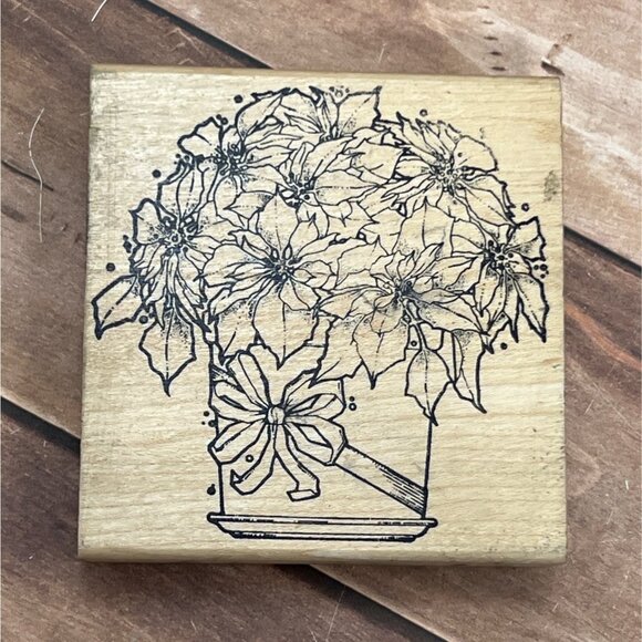 VERY HTF VINTAGE PRAIRIE RUBBER STAMPS WOOD MOUNTED BASKET OF POINSETTIA'S - Picture 1 of 7